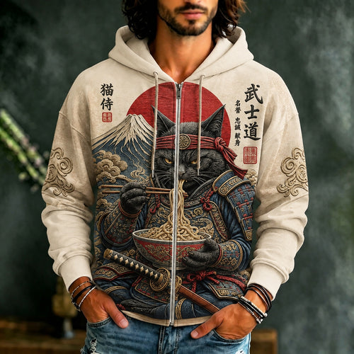 Men's Black Cat Samurai Eats Ramen Print Casual Zip Up Hoodie