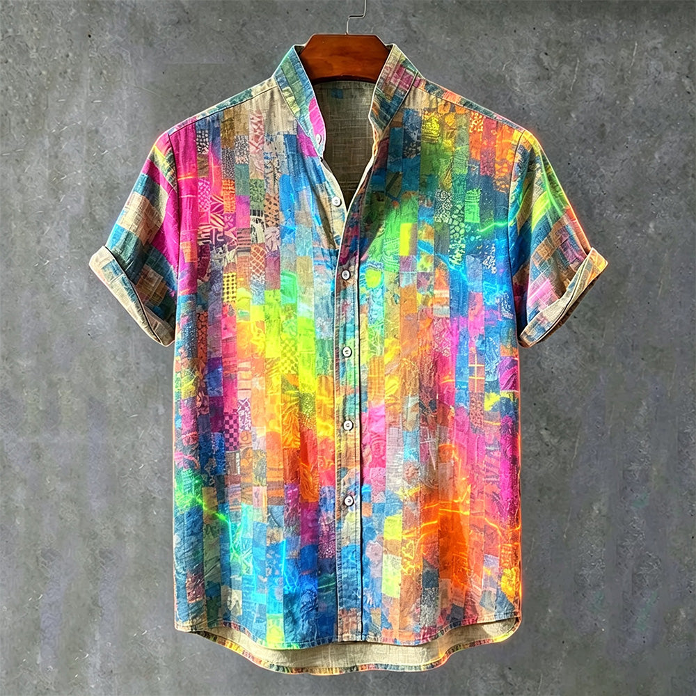 Men's Japanese Style Colorful Geometric Art Vintage Casual Short Sleeve Shirt