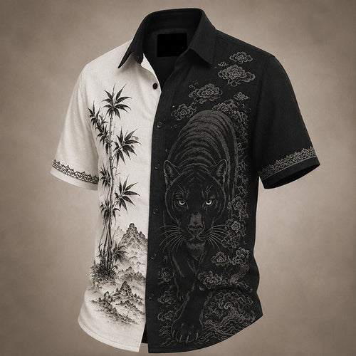 Herren-Freizeithemd mit Black-Panther- und Landschafts-Kunstdruck im japanischen Stil