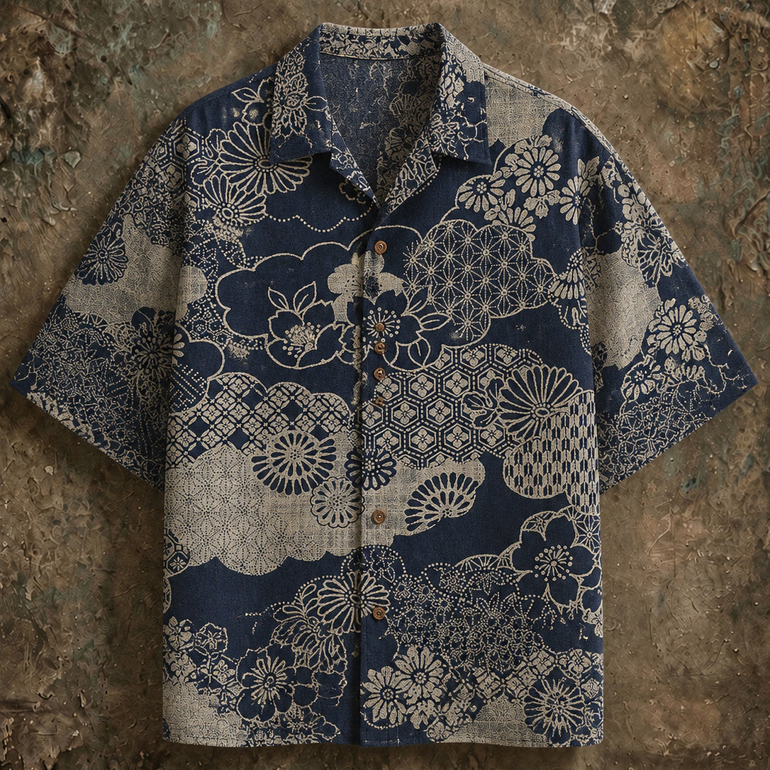 Men's Vintage Japanese Pattern Art Print Casual Short Sleeve Shirt