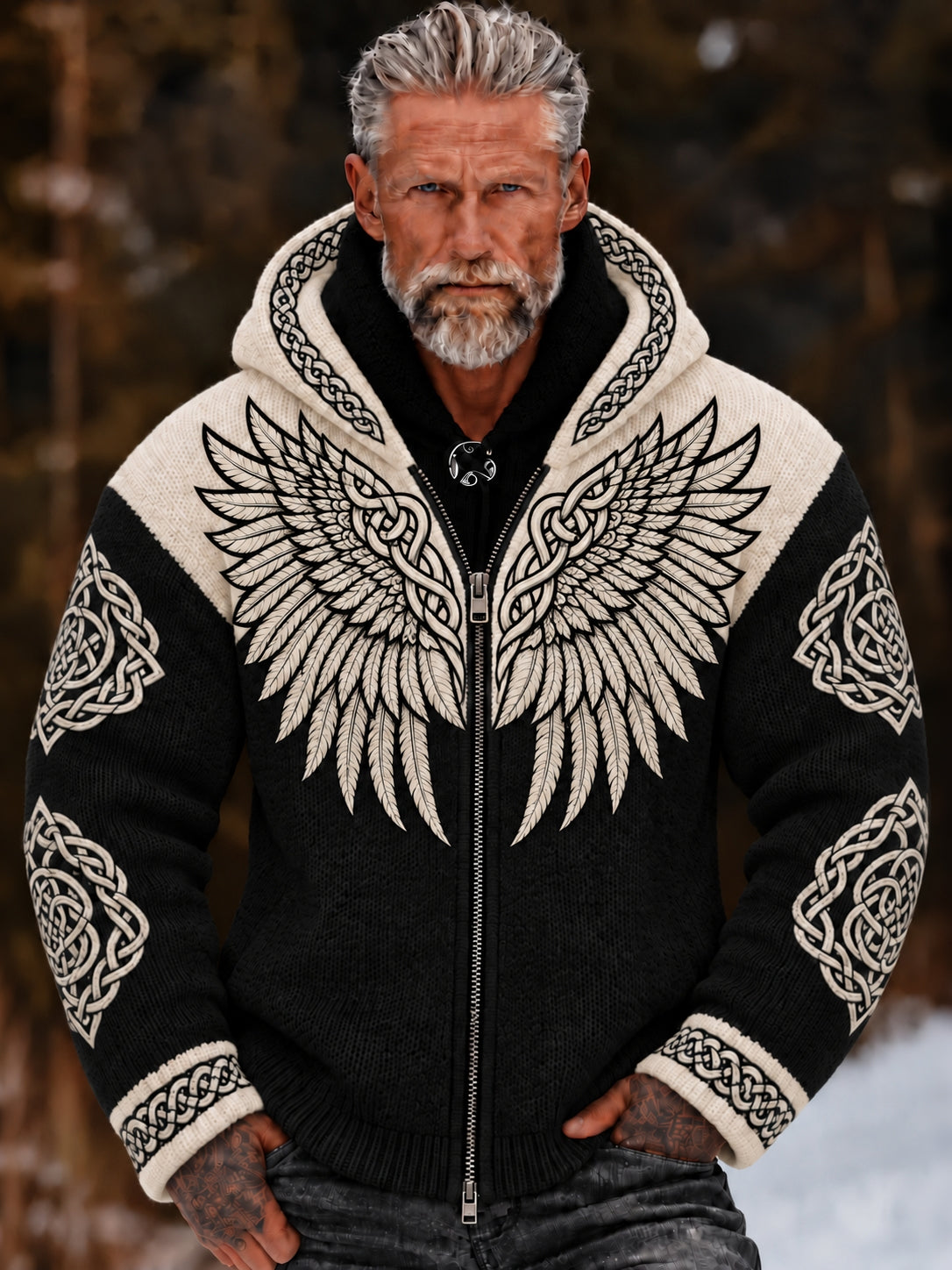Men's Vintage Wings Art Cozy Warm Knitted Jacquard Zipper Hooded Sweater