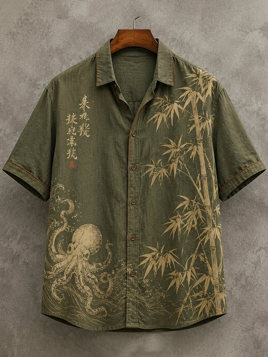 Men's Vintage Japanese Octopus And Bamboo Art Print Short Sleeve Shirt