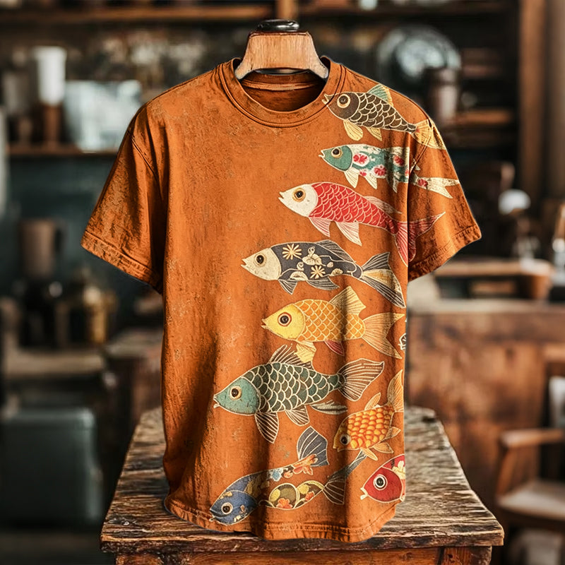 Men's Retro-style Colorful Koi Frog Japanese Art Print Casual T-shirt