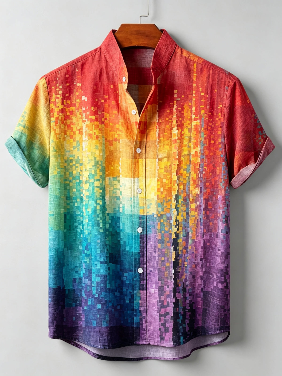 Herren Hemd mit abstraktem Farbverlauf-Geometrie-Kunstdruck aus Leinenmischgewebe und kurzen Ärmeln