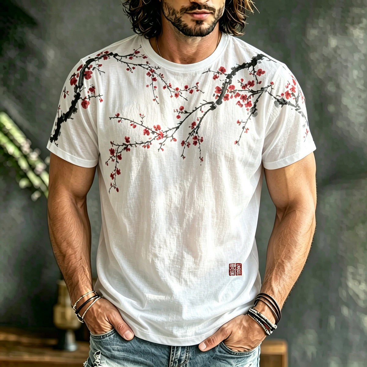 Men's Retro Cherry Blossoms Print Casual T-shirts