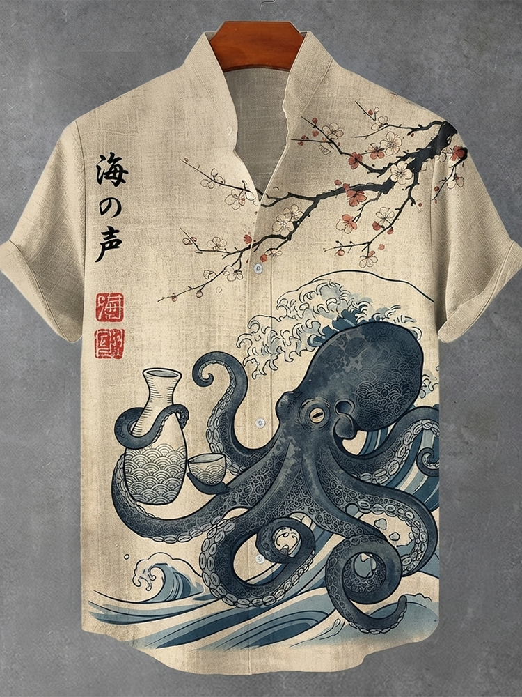 Men's Japanese Octopus, Sake Bottle & Wave Print Short-sleeve Shirt