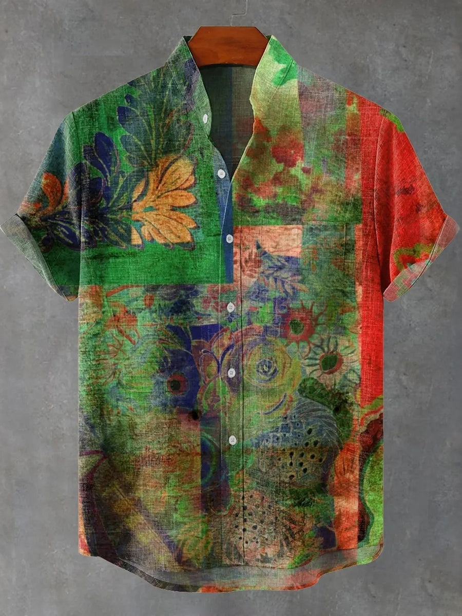 Men's Vintage Green Mottled Distressed Pattern Print Casual Shirt