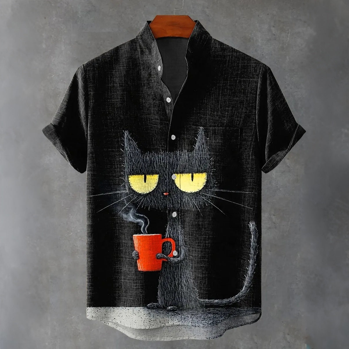 Men's Vintage Black Cat Art Print Casual Cotton Linen Shirt