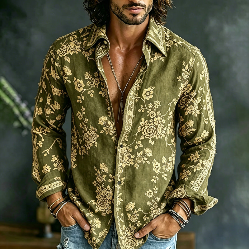Men's Spring Summer Colorful Floral Printed Art Print Flowy Linen Blend Shirt