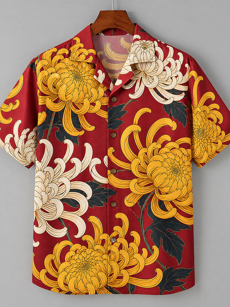 Men's Red Traditional Chrysanthemum Floral Print Short Sleeve Shirt