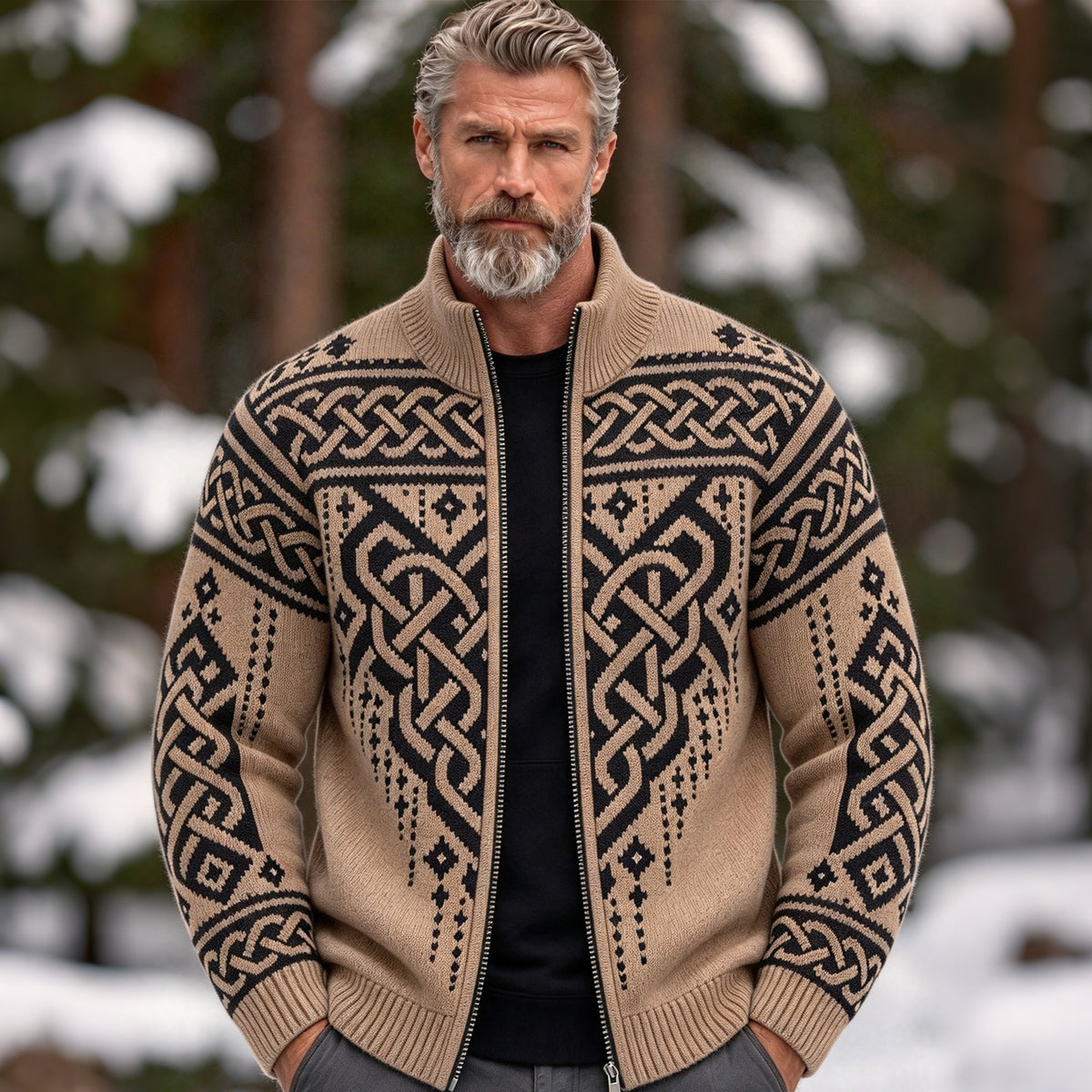 Men's Vintage Viking Celtic Knot Knit Zip-up Cardigan