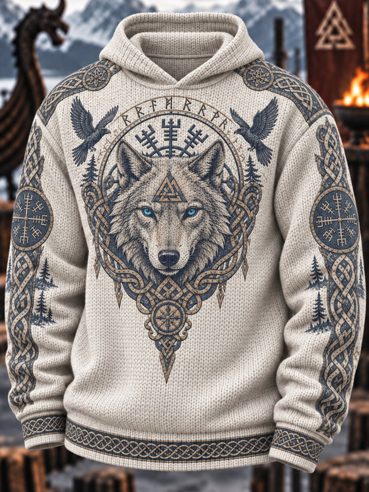 Men's Viking Tribal Wolf Celtic Printed  Knit Hooded Sweater