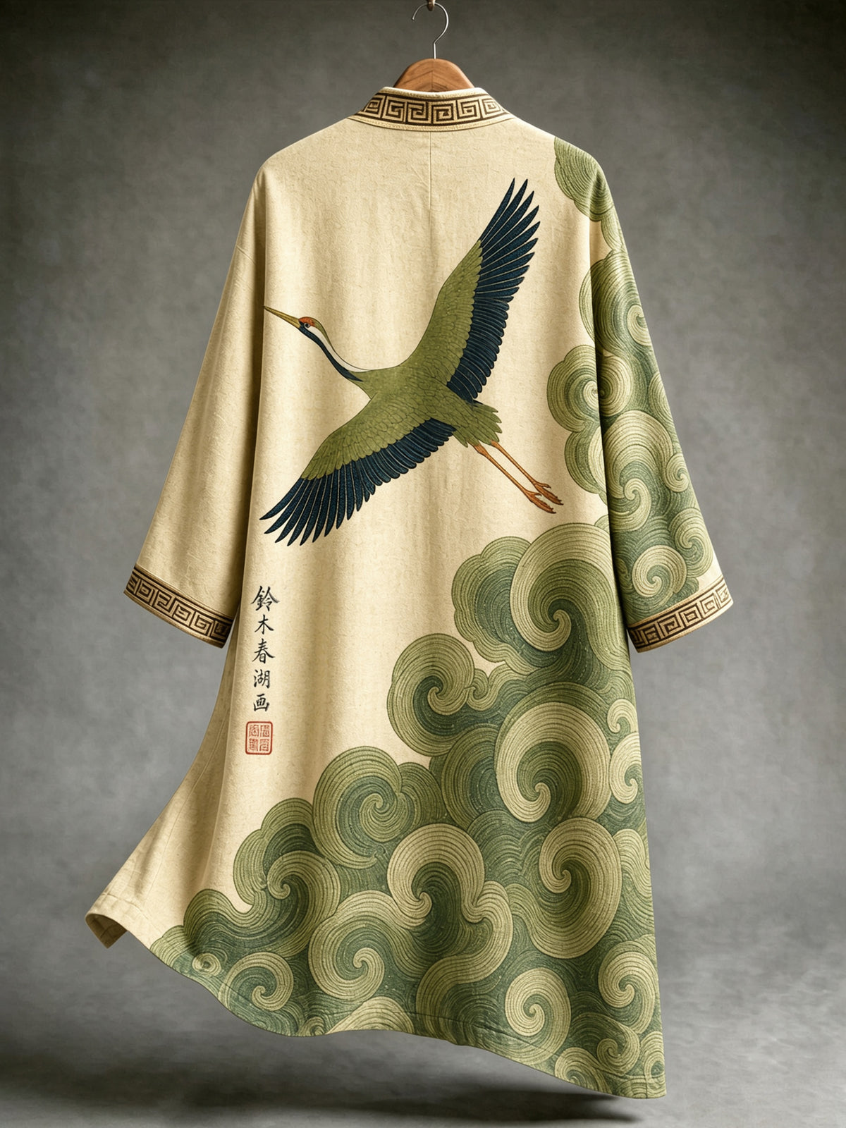 Japanese-style Linen Cardigan With Crane Print From Mount Fuji
