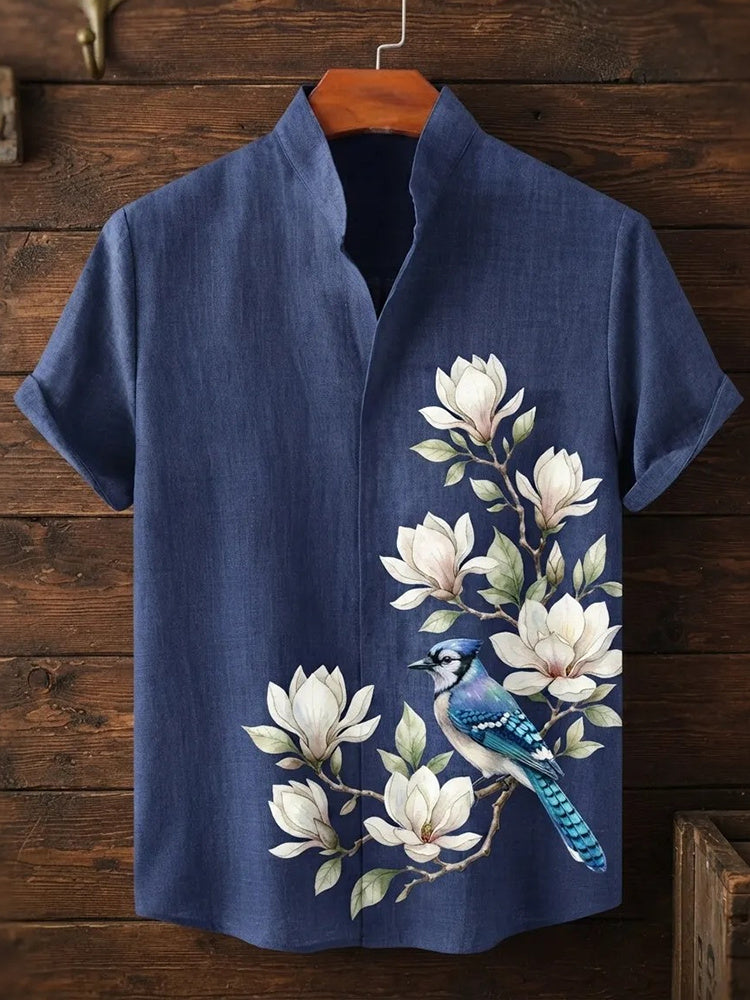 Men's Japanese-style Floral And Bird Pattern Linen Short-sleeved Shirt