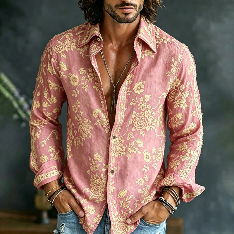 Men's Spring Summer Colorful Floral Printed Art Print Flowy Linen Blend Shirt