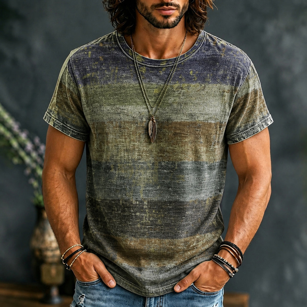 Vintage Horizontal Stripe Color Block Printed T-shirt