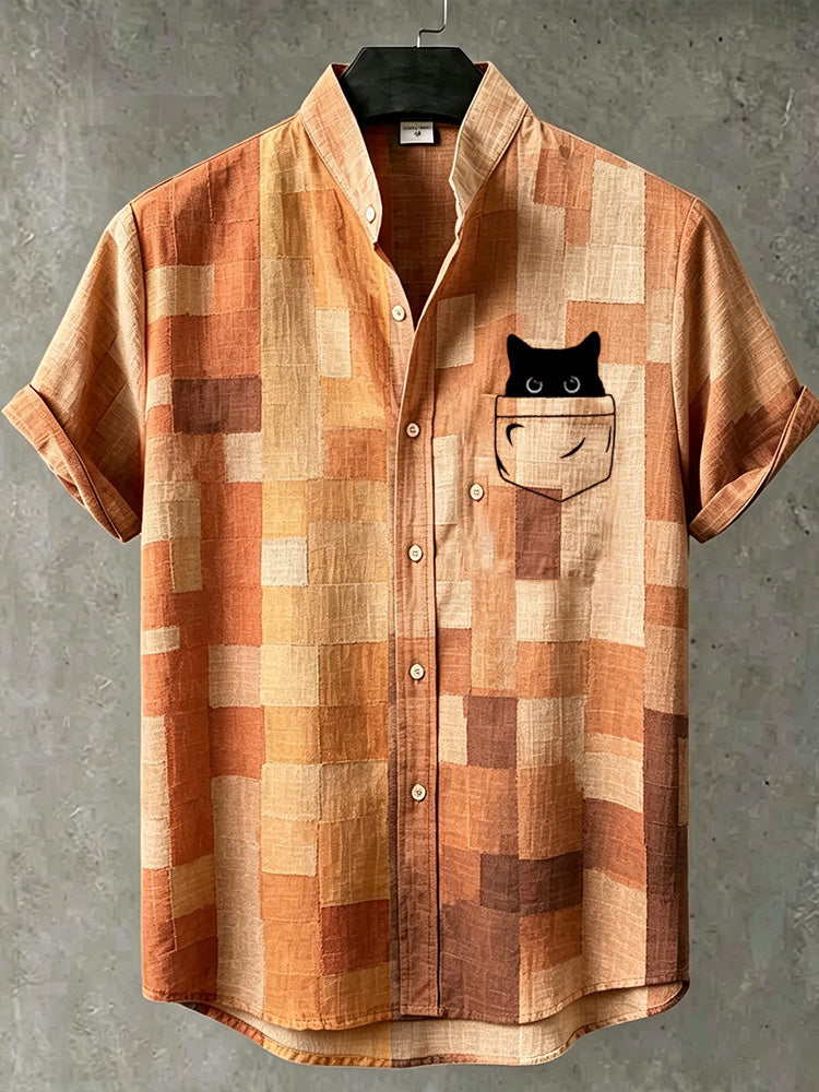 Men's Vintage Pocket Black Cat Art Casual Short-sleeved Shirt