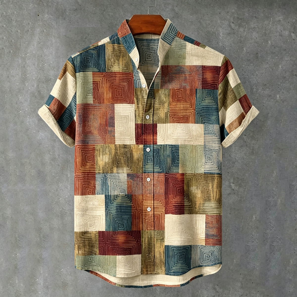 Men's Retro Casual Color Block Print Cotton Linen Short-sleeve Shirt