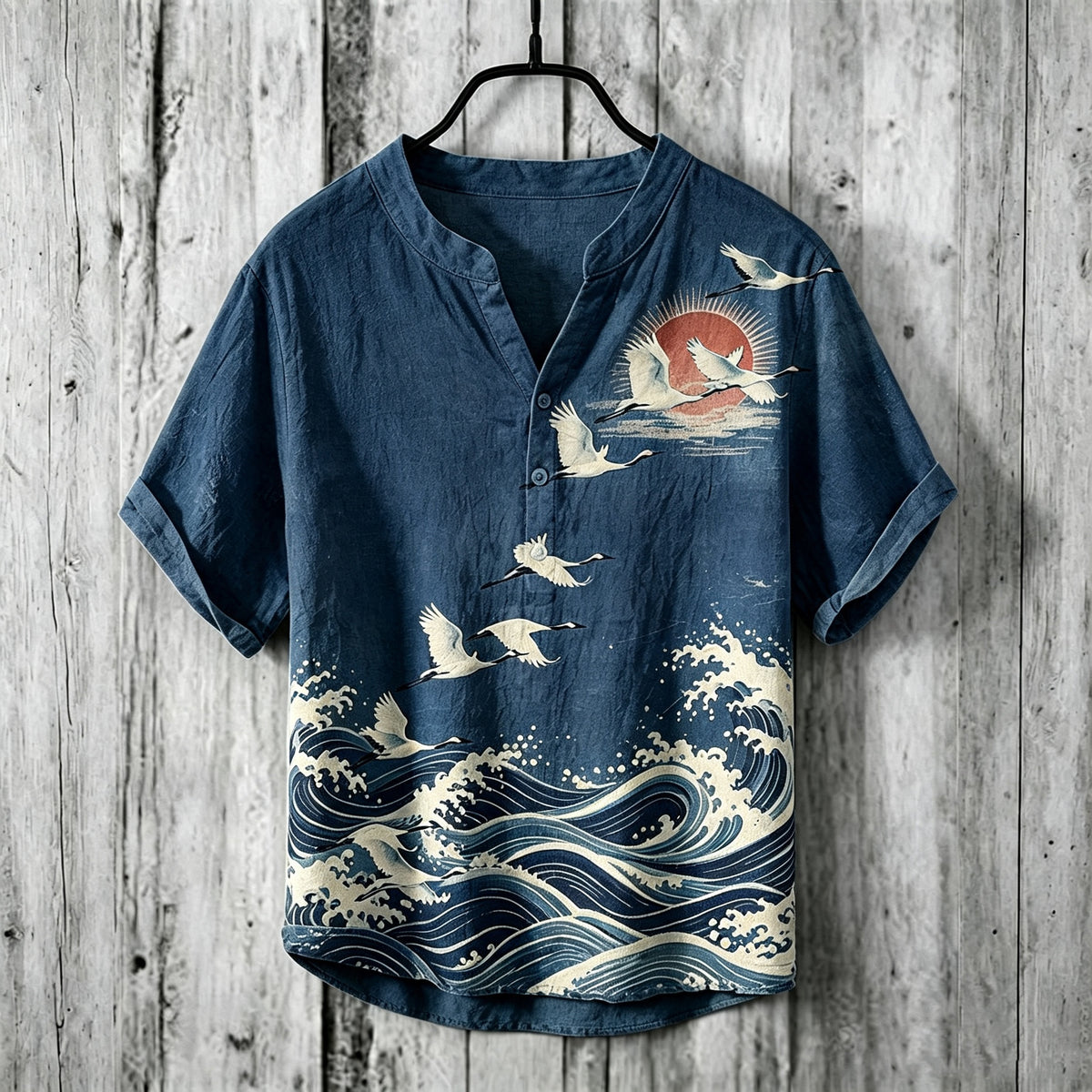 Men's Retro Japanese Art Ukiyo-e Crane And Wave Print Cotton Linen Top