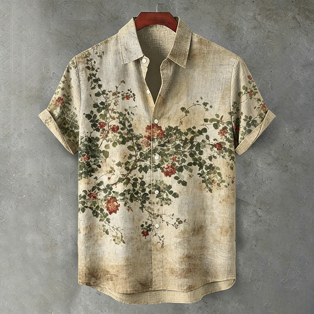 Vintage Japanese Floral Plant-dyed Casual Cotton And Linen Short-sleeved Shirt