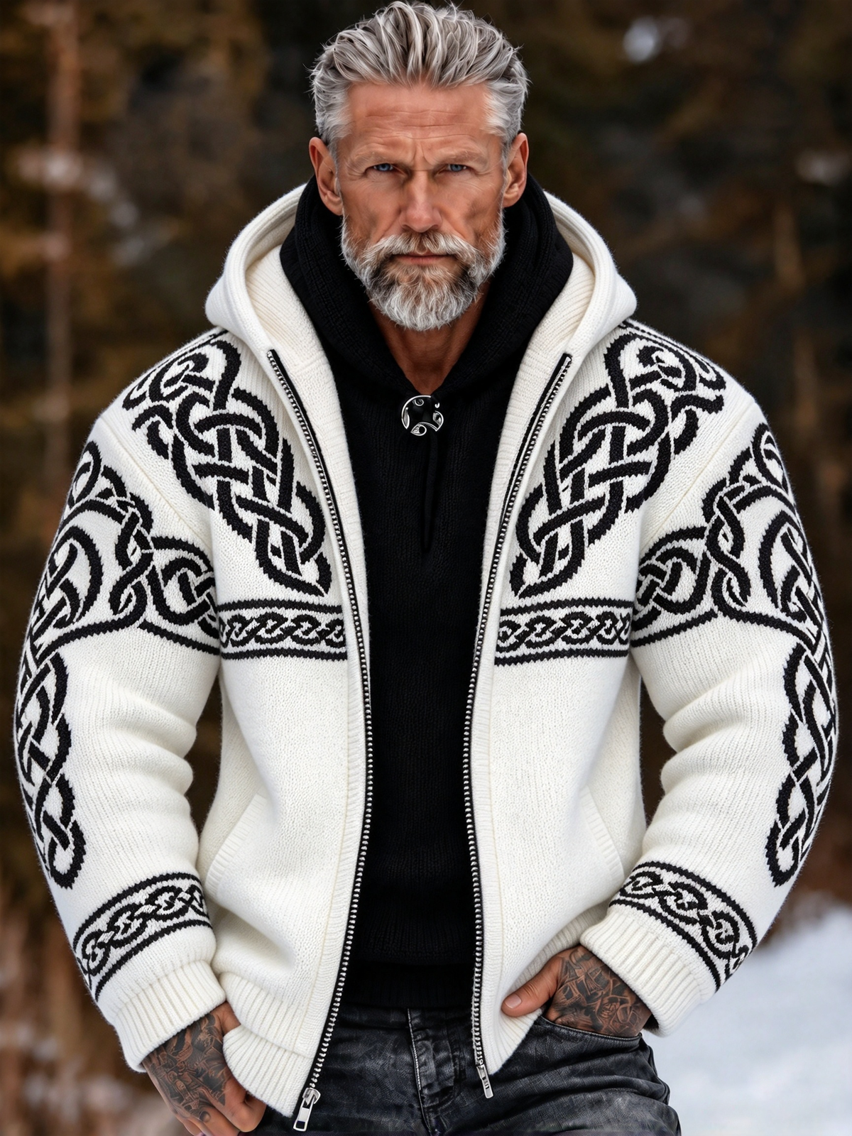 Men's Vintage Viking Celtic Knot Cozy Warm Knitted Jacquard Zipper Hooded Sweater