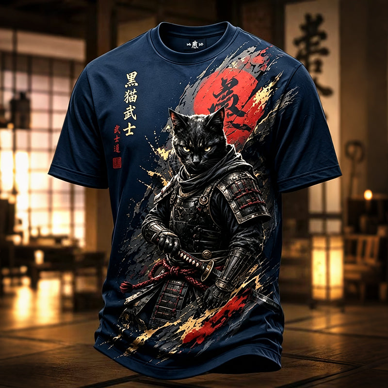 Men's Brave Black Cat Samurai Japanese Art Print T-shirt