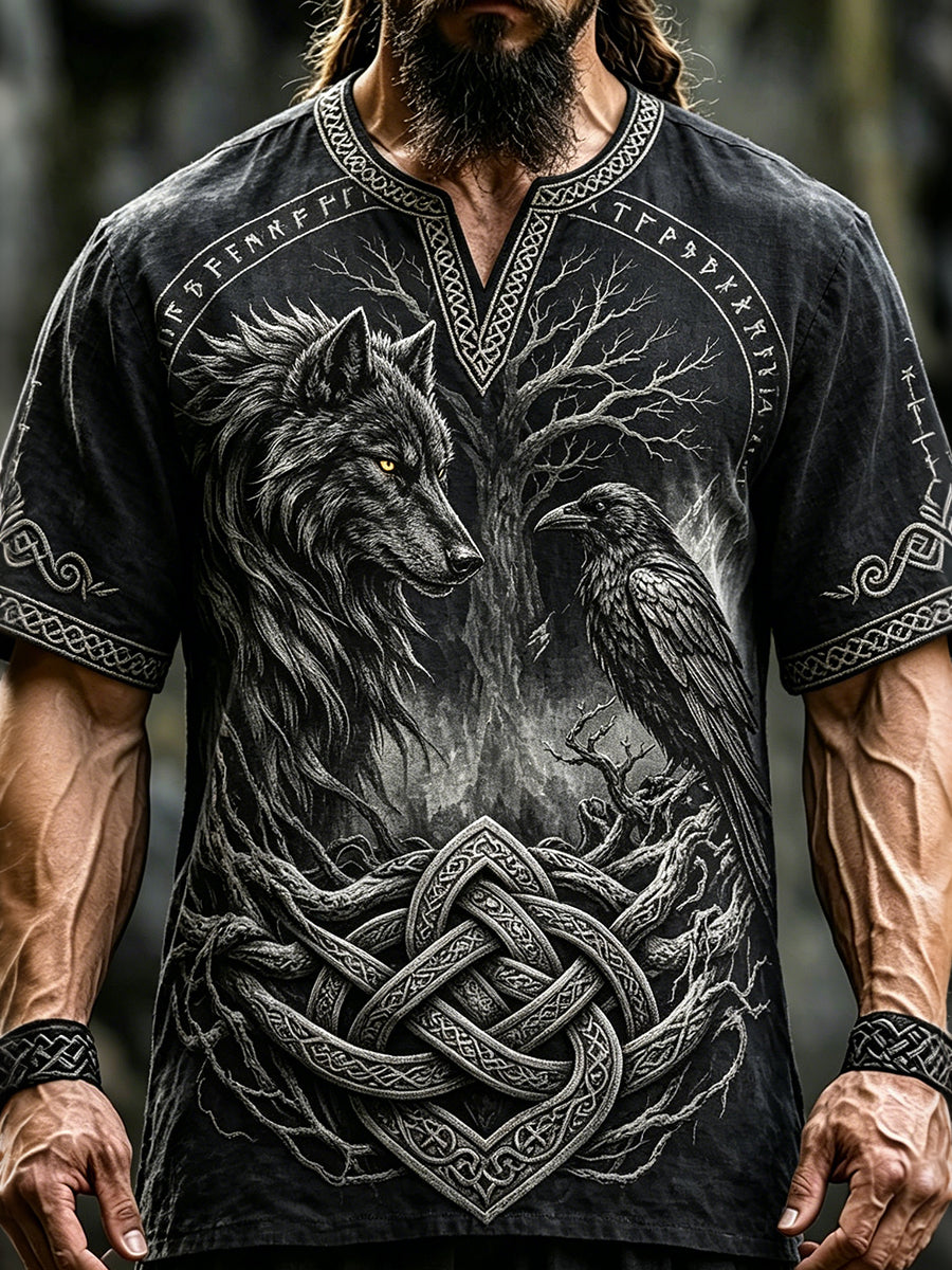 Men's Viking Wolf Raven Tree Design Short-sleeve T-shirt