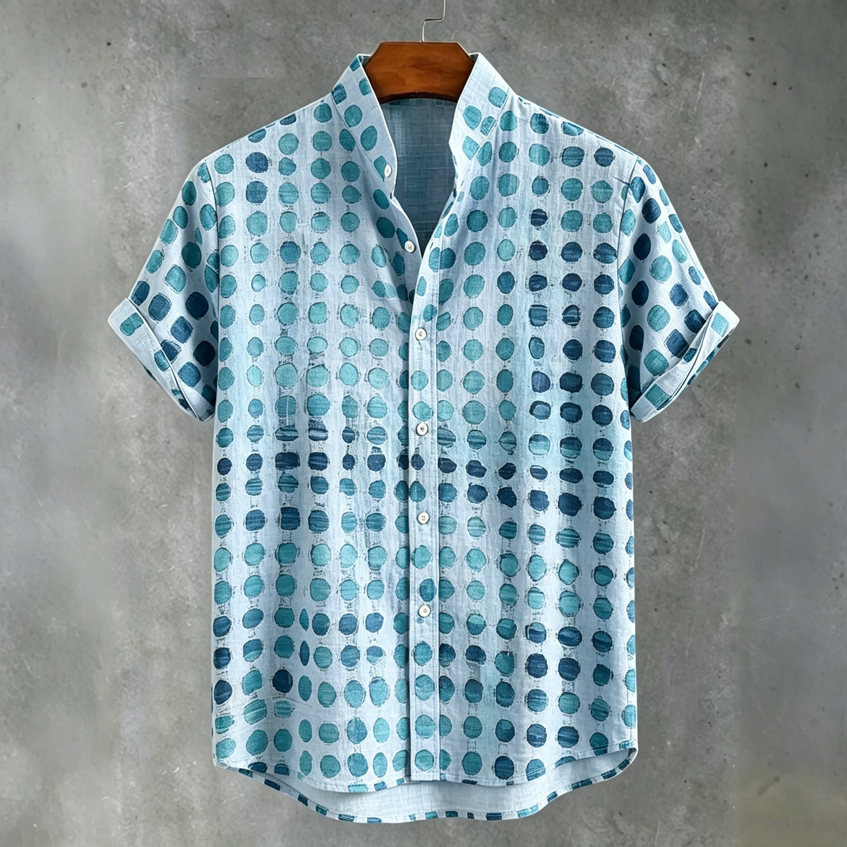 Abstract 70s Hippie Gradient Teal‑blue Distressed Oval‑dot Art Print Men's Short Sleeve Button Up Shirt
