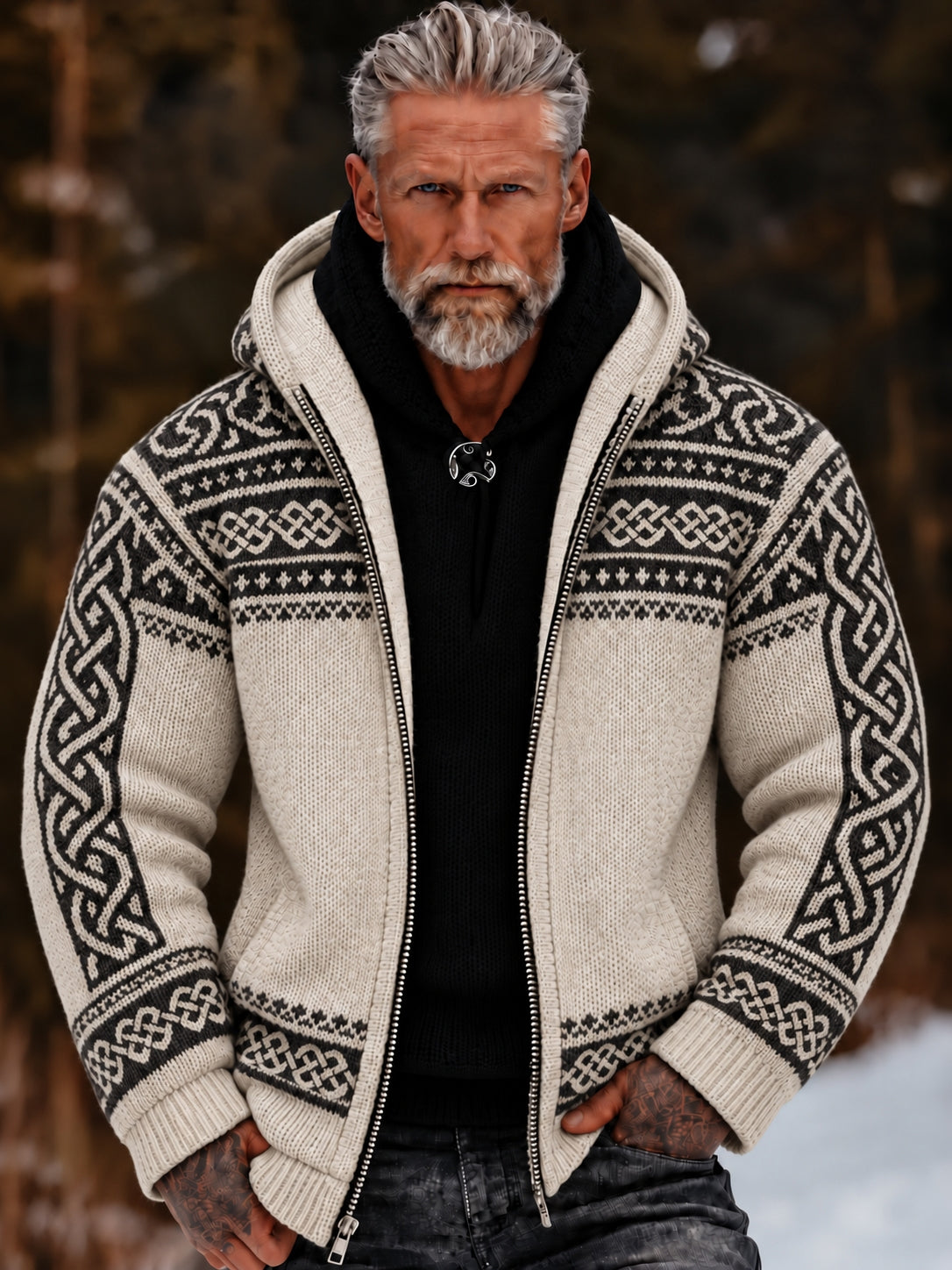 Men's Vintage Viking Celtic Art Print Cozy Warm Zipper Hooded Sweater