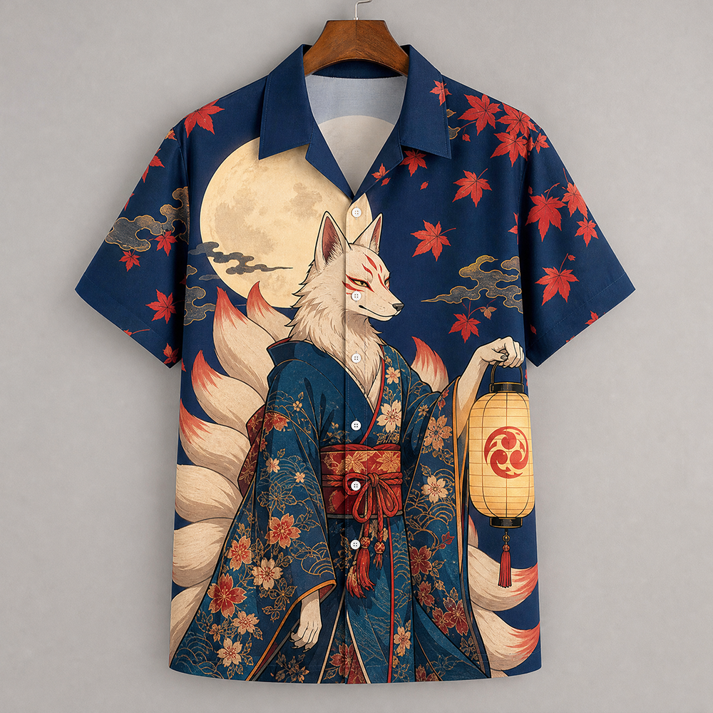 Men's Japanese Ukiyo-e Nine-tailed Fox And Maple Leaf Print Short Sleeve Shirt