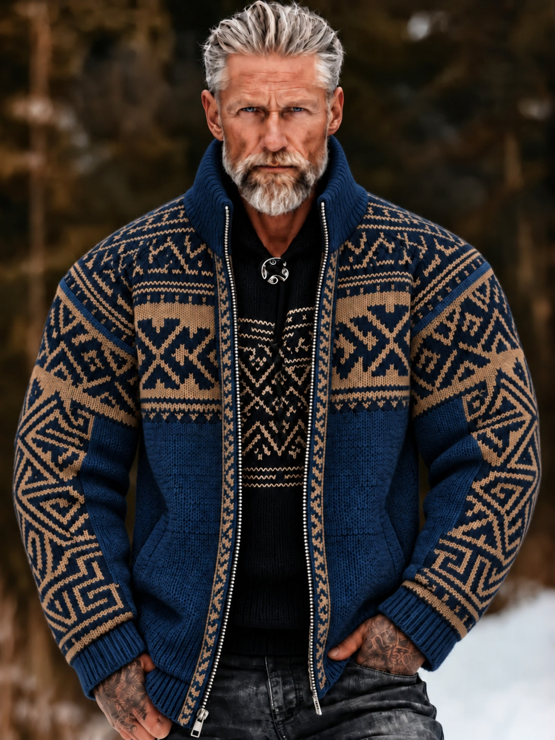 Men's Vintage Geometry Art Collar Zip-up Jacket