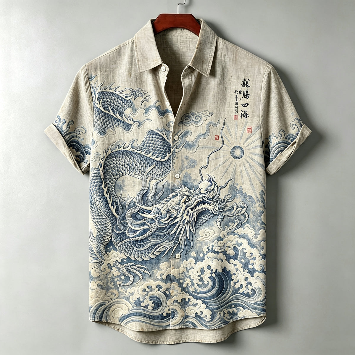 Men's Vintage Blue White Wave Print Japanese Ukiyo-e Dragon Shirt