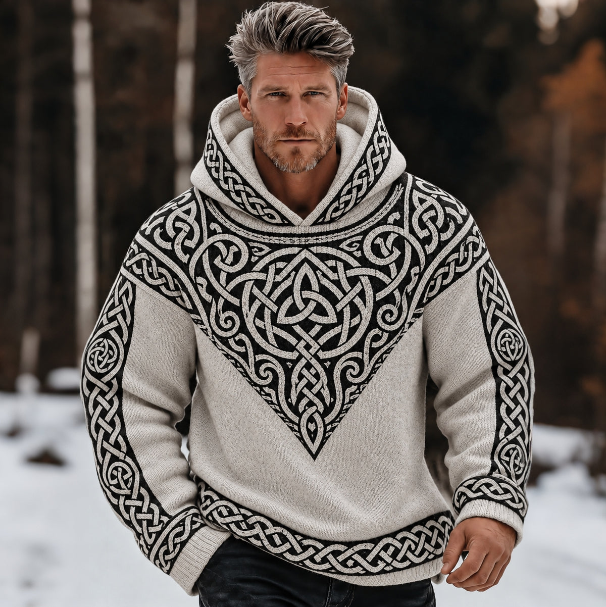 Men's Retro Viking Tribal Celtic Printed  Knit Hooded Sweater