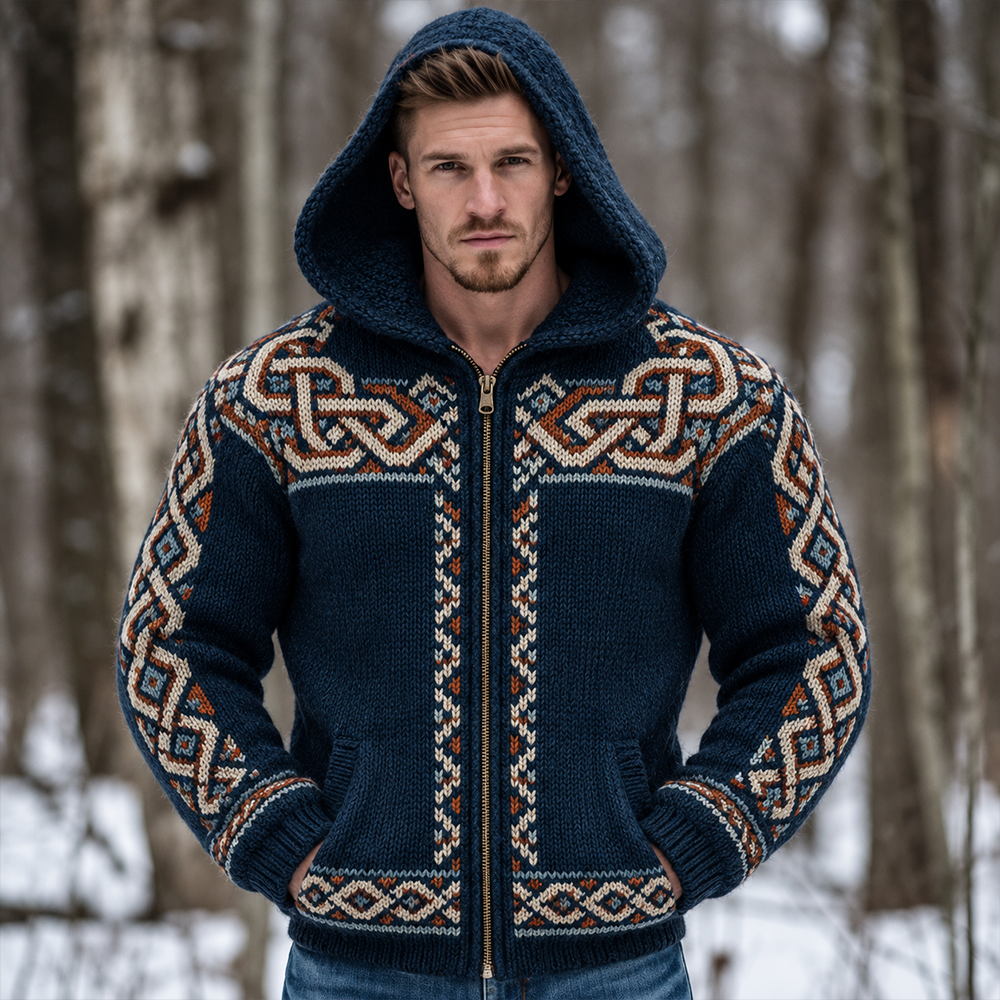 Men's Blue Celtic Knot Geometric Zip Cardigan Knit Sweater