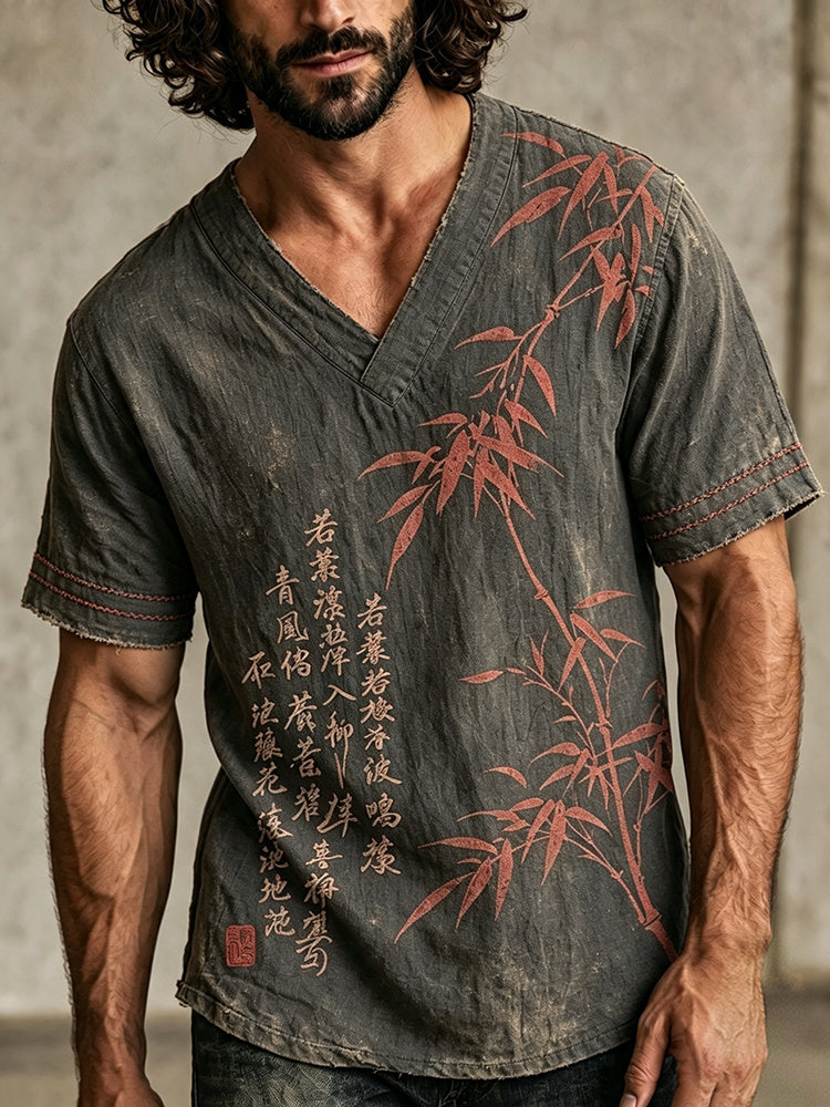 Men's Japanese Calligraphy And Bamboo Art Print V Neck Short Sleeve T-shirt