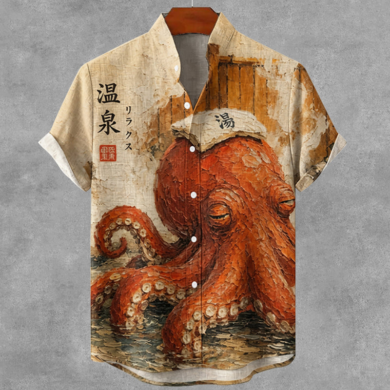 Vintage Ukiyo-e Octopus Art Print Button Casual Cotton Linen Shirt