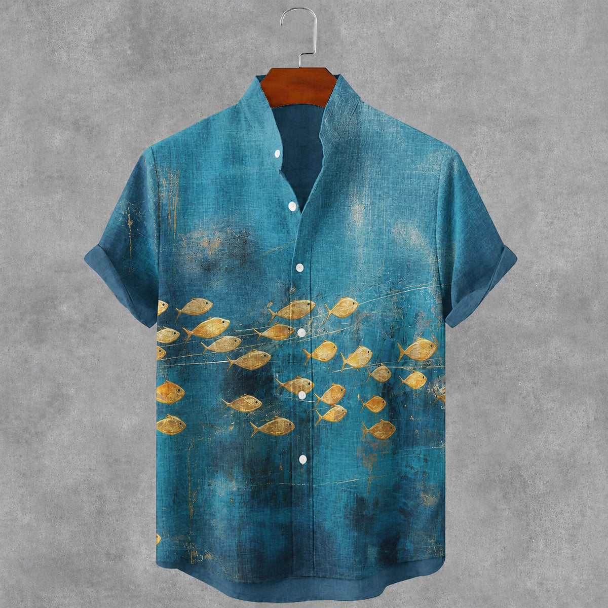Men's Vintage Fish Art Print Short Sleeve Casual Shirt