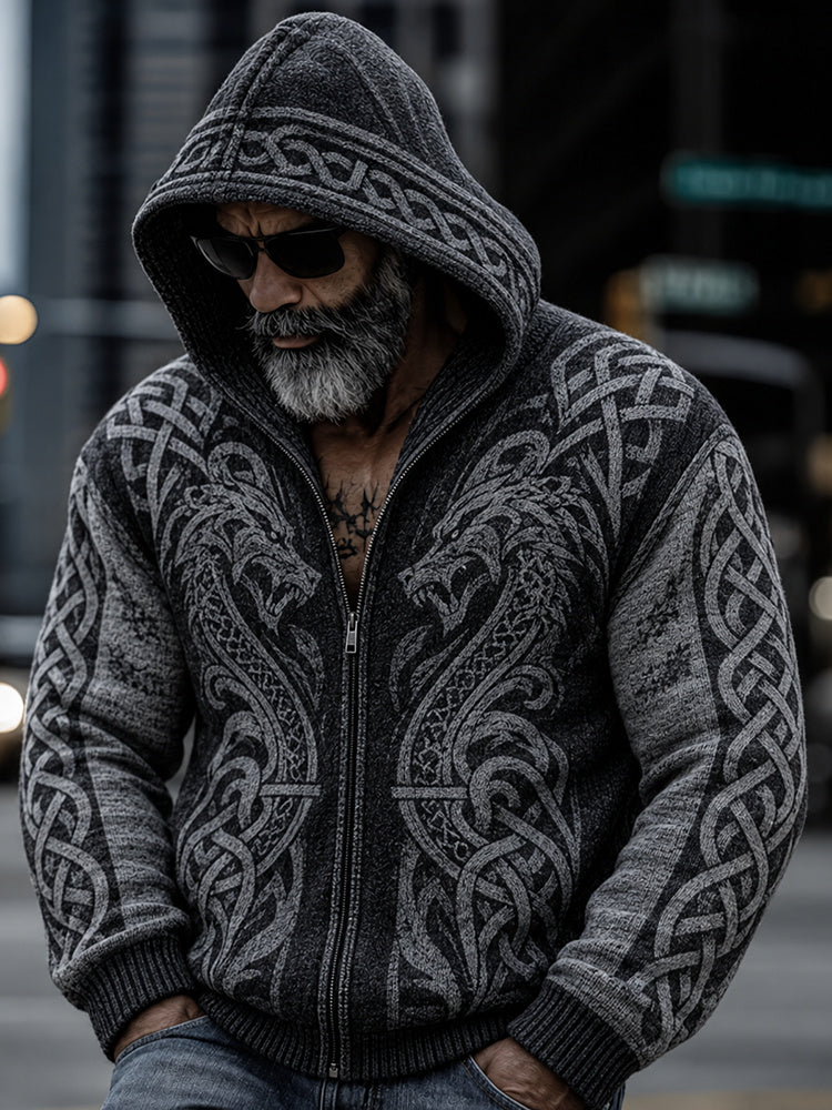 Men's Vintage Viking Dragon Celtic Knot Cozy Warm Knitted Jacquard Zipper Hooded Sweater