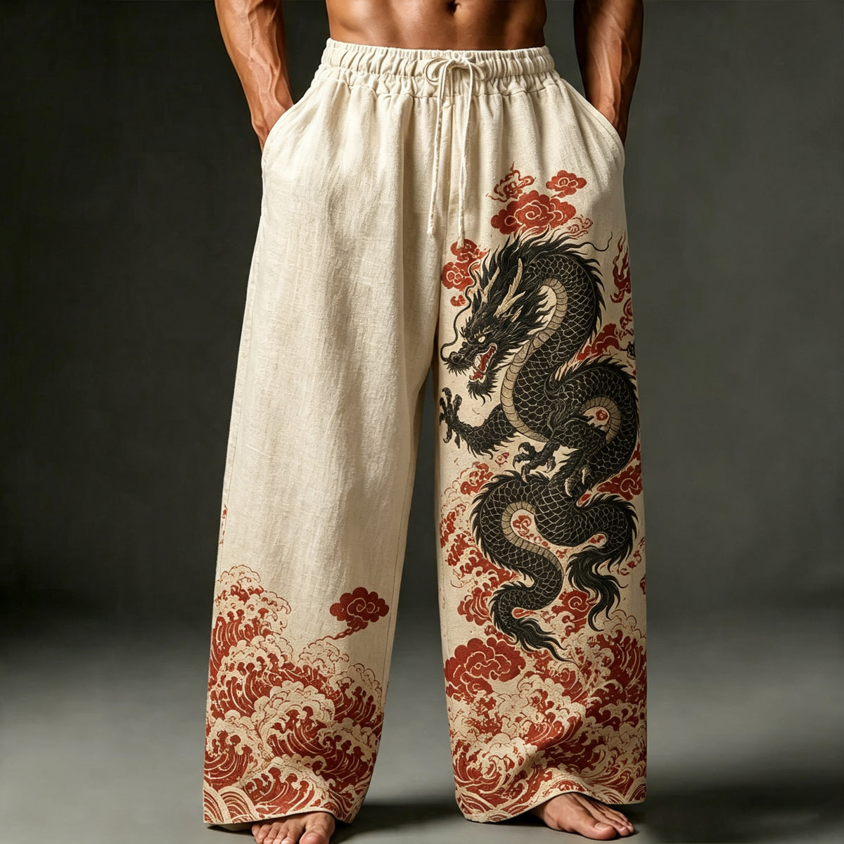 Men's Vintage Japanese Dragon Art Print Casual Pants