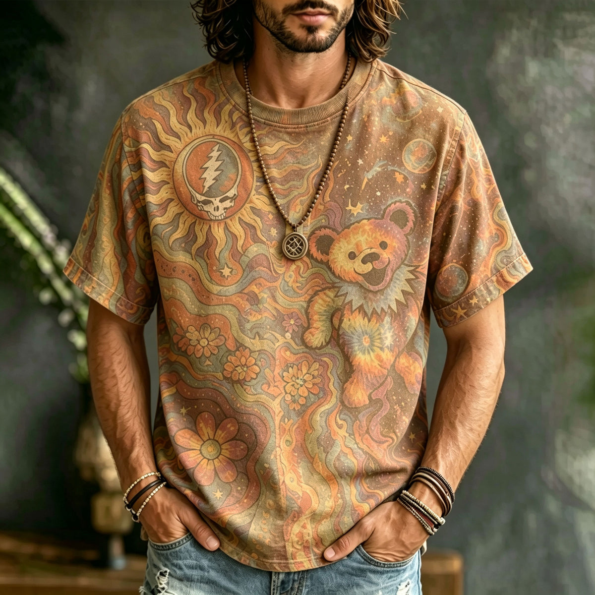 Retro Hippie Style, Washed Grateful Dead Dancing Bear Psychedelic Galaxy Sun Skull Floral Short-sleeved T-shirt