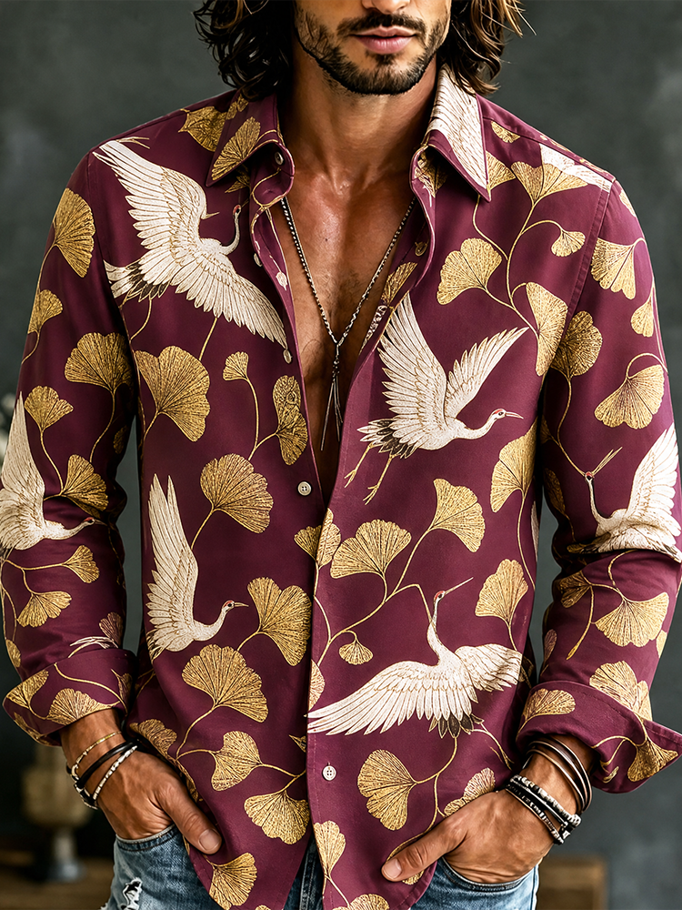 Men's Burgundy Vintage Ginkgo Leaf And White Crane Print Long Sleeve Shirt