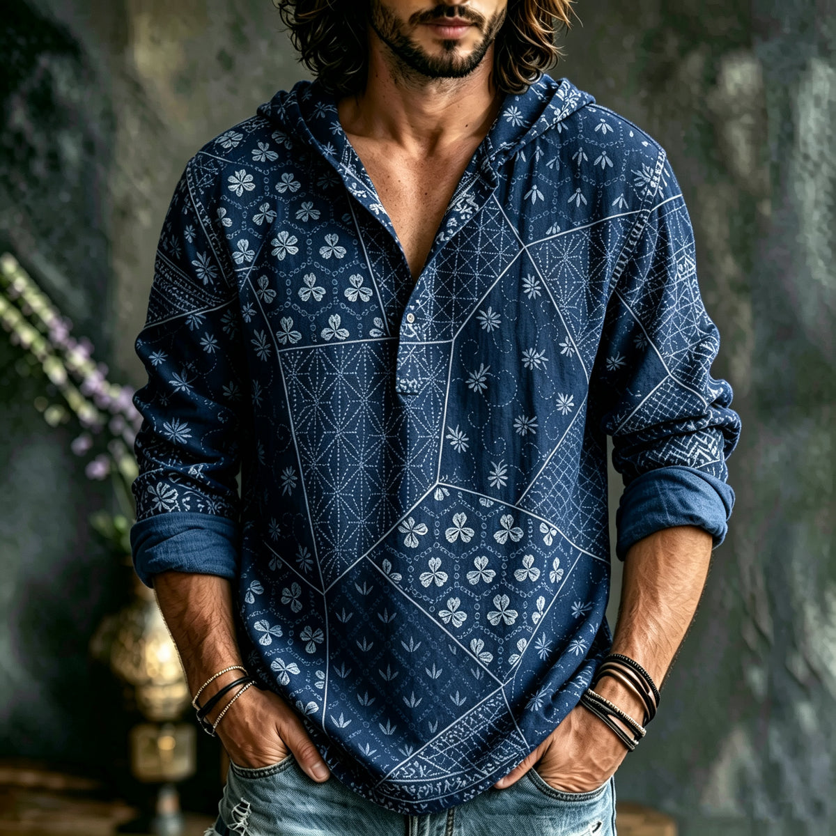 Men's Japanese Art Vacation Floral Pattern Cotton Linen Hooded Top