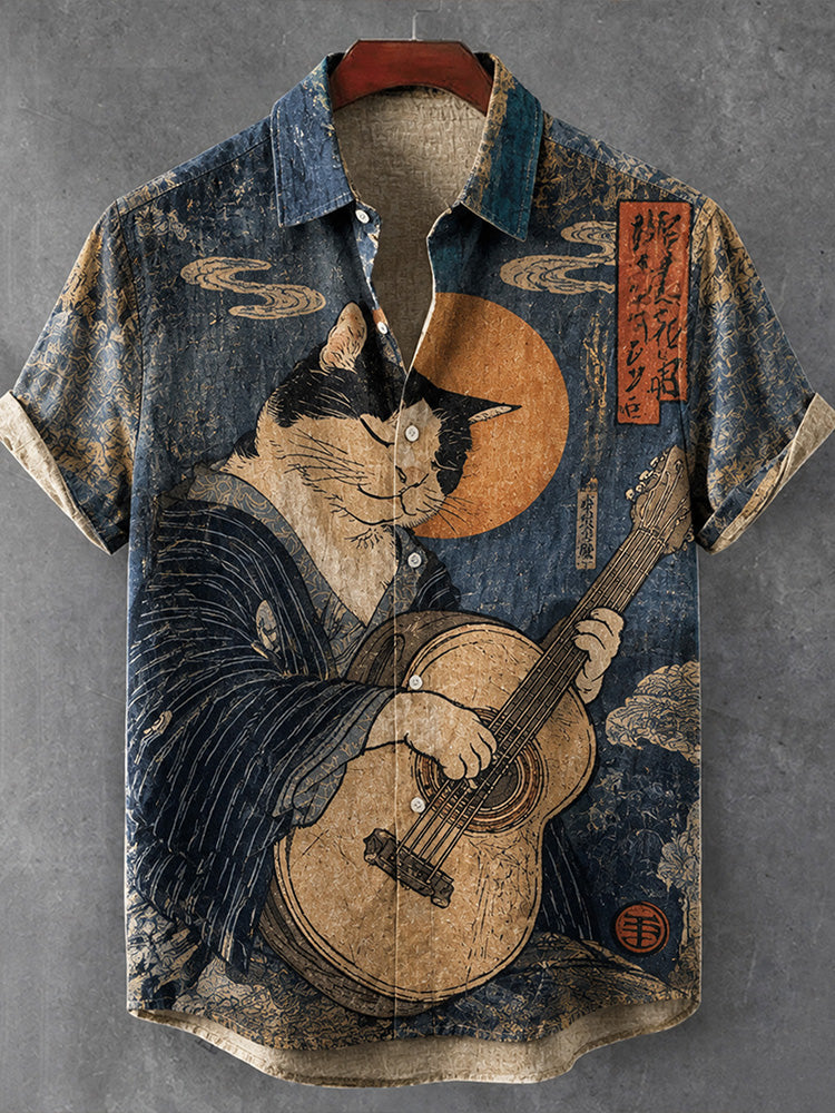 Men's Retro Ukiyo-e Japanese Art Cat Guitar Print Casual Loose Shirt