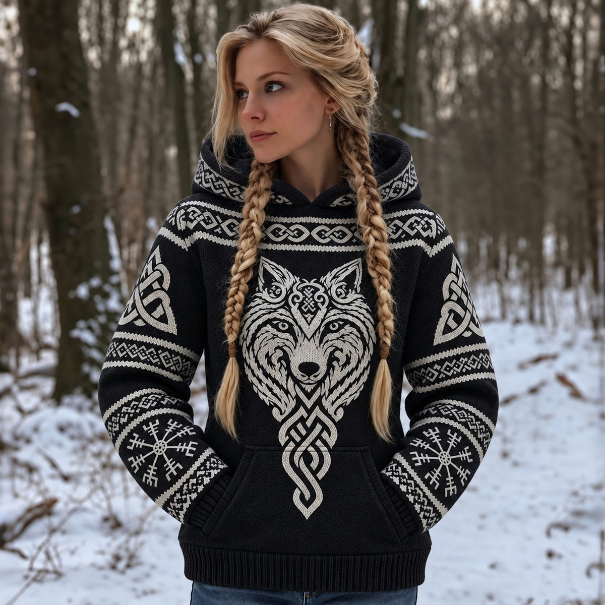 Women's Vintage Viking Wolf Art Knit Hooded Sweater