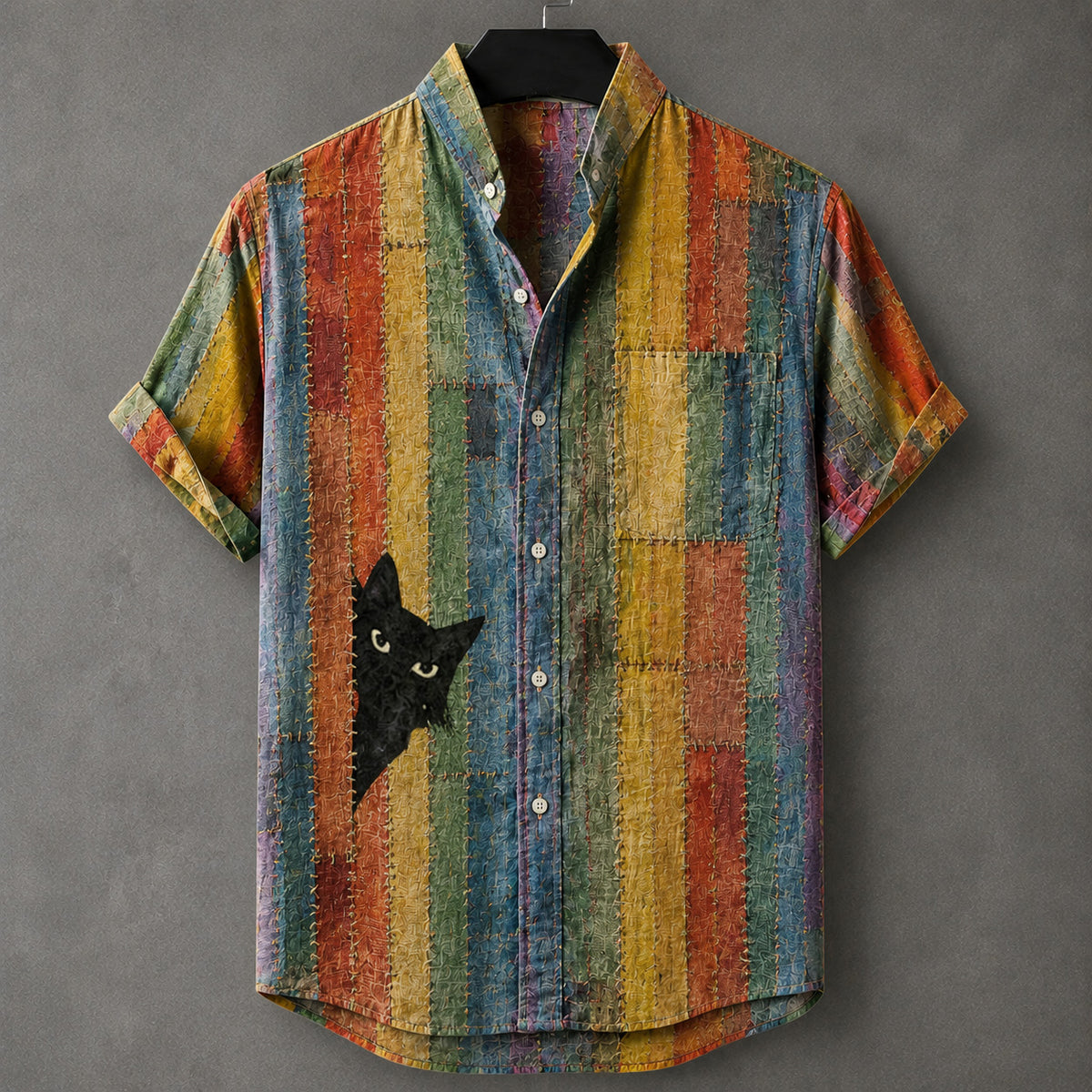 Herren Retro Böhmisches Japanisches Katzen-Patchwork-Print Hemd aus Baumwolle und Leinen