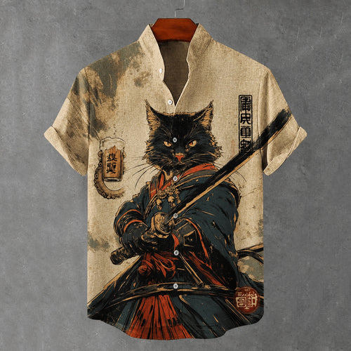 Men's Black Cat Samurai Japanese Art Print Casual Shirt