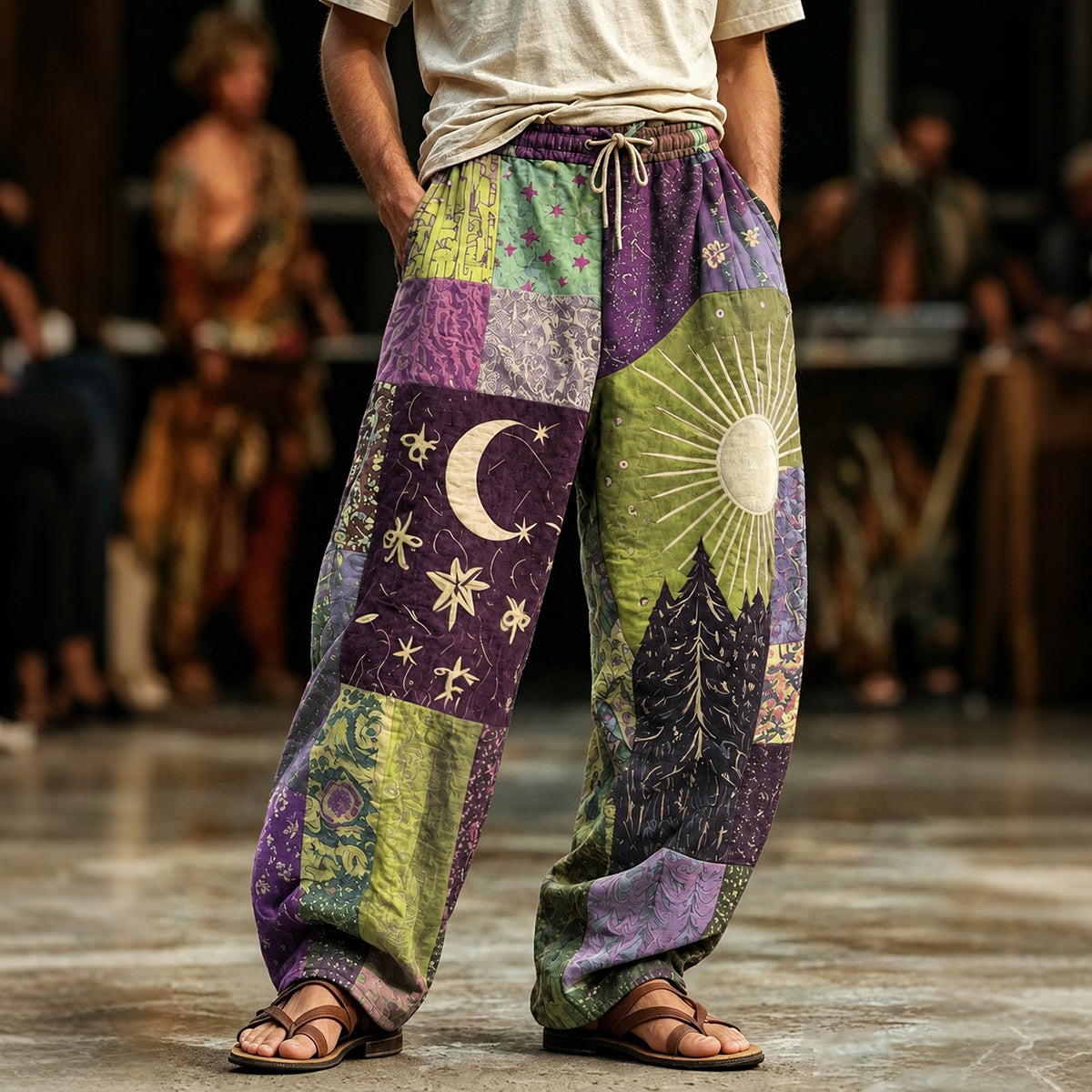 Men's Boho Sun And Moon Hippie Patchwork Art Print Loose Drawstring Waist Pants