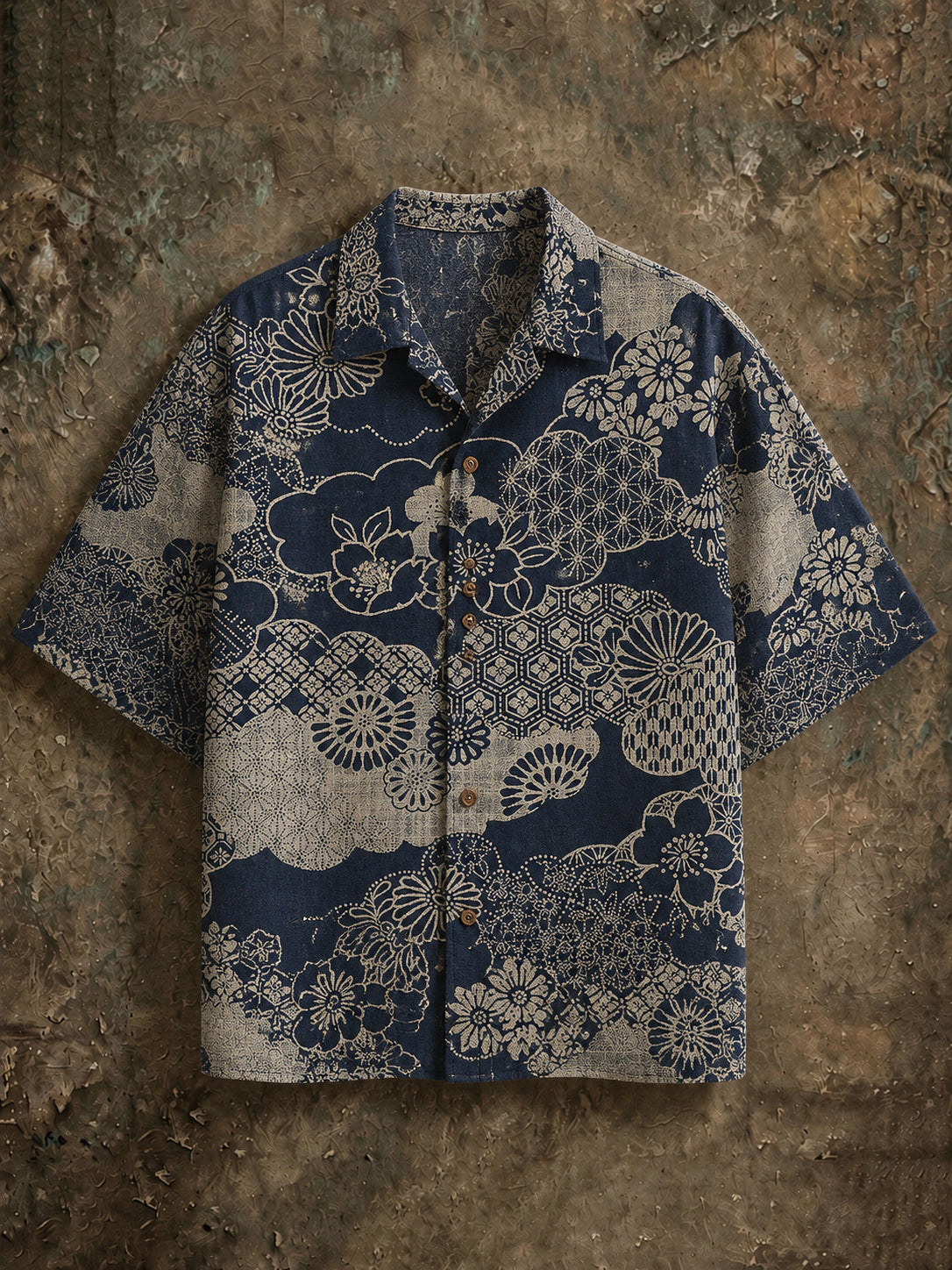 Men's Vintage Japanese Pattern Art Print Casual Short Sleeve Shirt