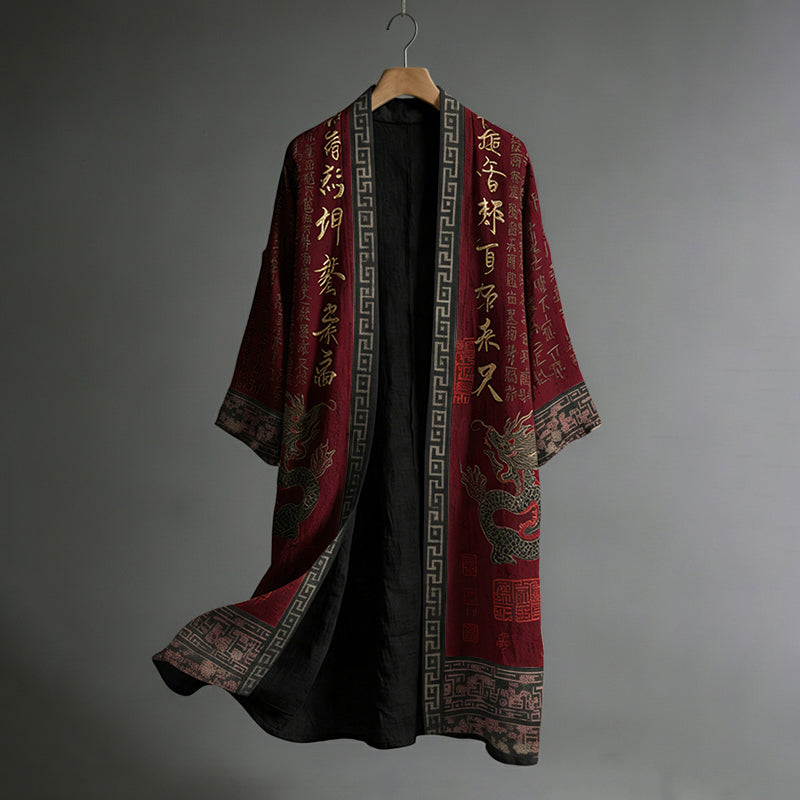 Herren Kimono mit japanischem Drachenmuster, Kalligrafie und Malerei, Leinen, lang