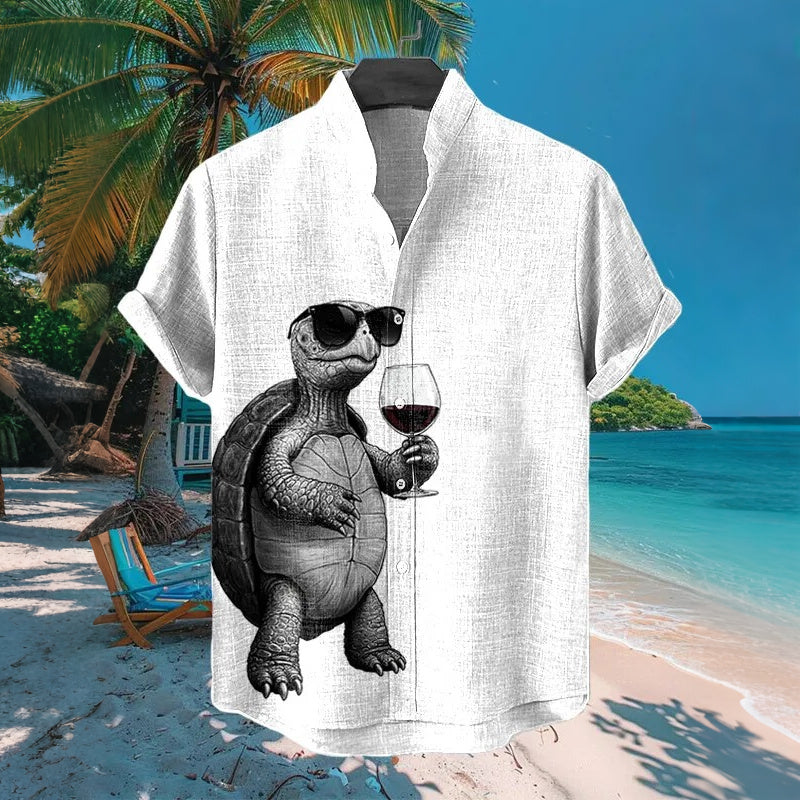 Men's Retro Turtle Pattern Linen Short-sleeve Shirt